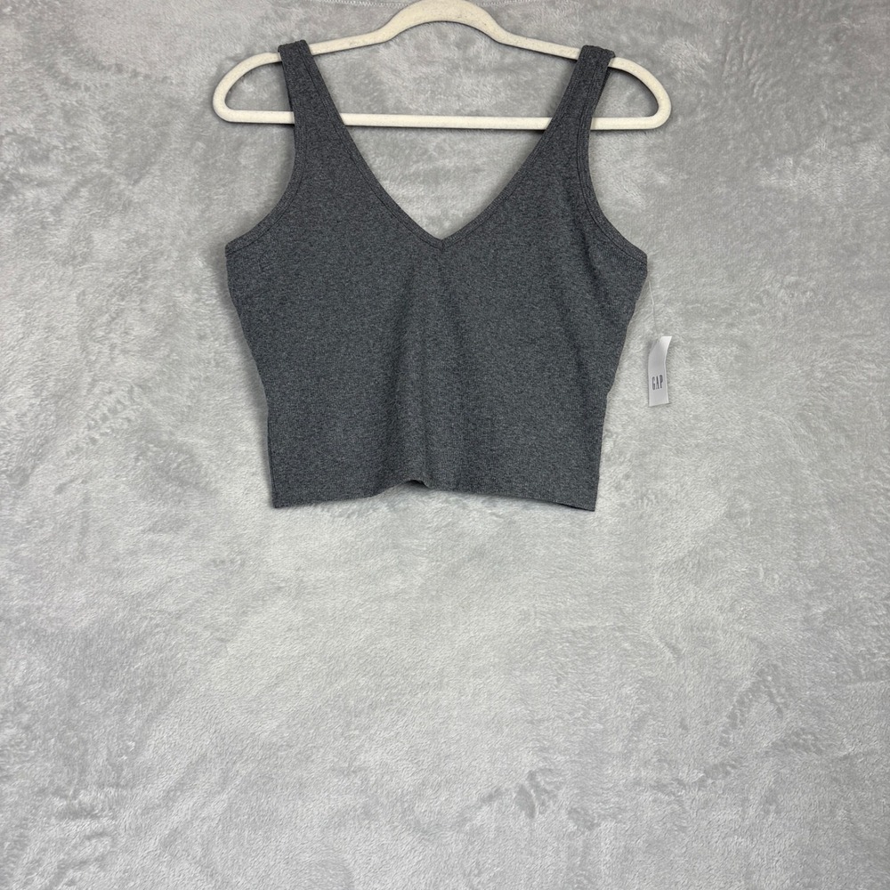 GapFit Studio Rib V-Neck Crop Top Heather Grey Medium Gym Athletic Lounge